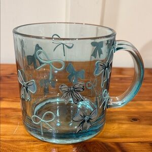 Coquette Handpainted Blue Bows Ribbons Glass Mug